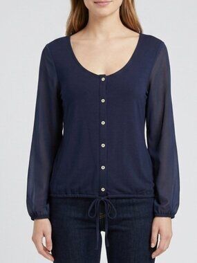 Nautica Navy Button Down Blouse with Sheer Sleeves